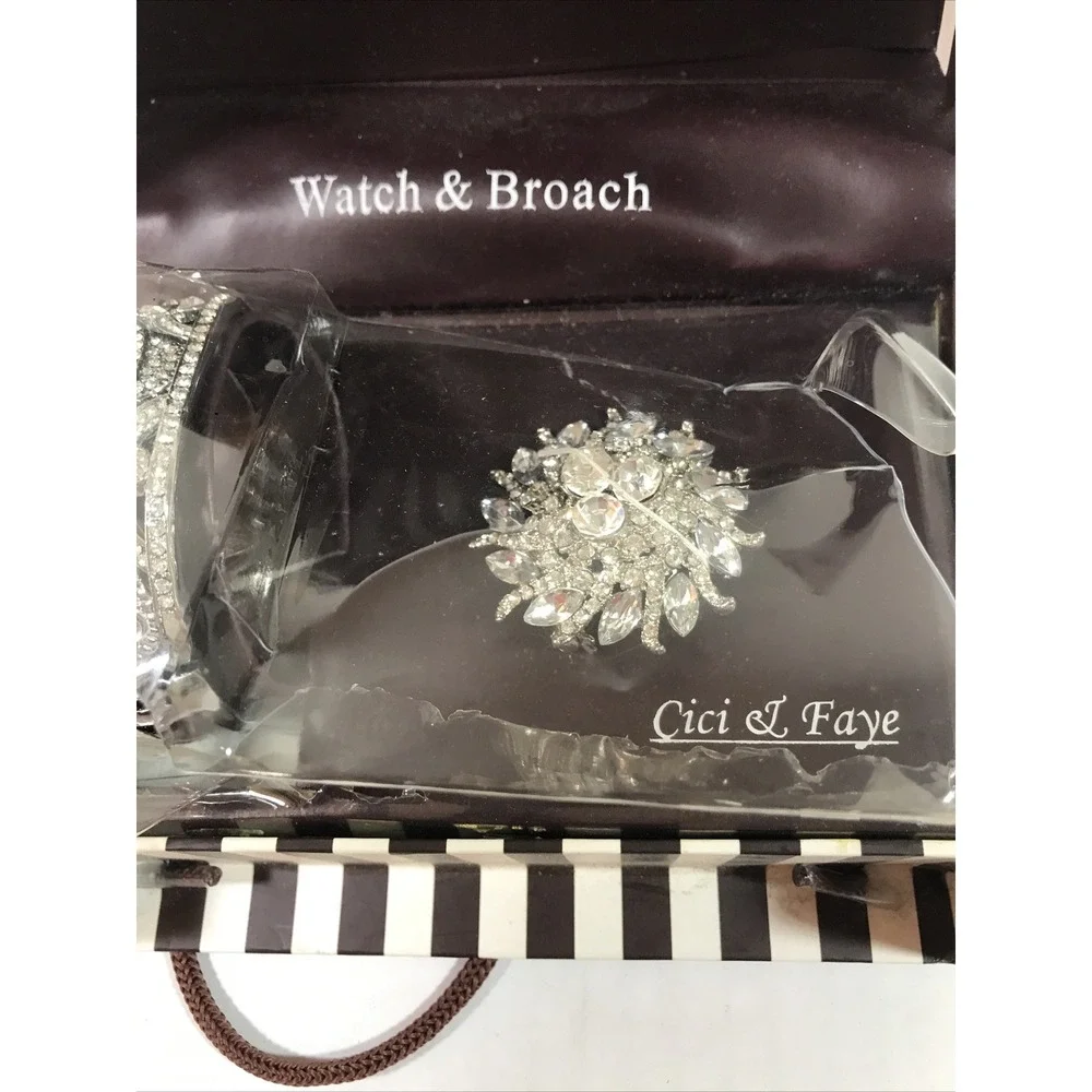 Cici Faye Faux Diamond‎ Brooch & Bracelet Set Bangle Watch